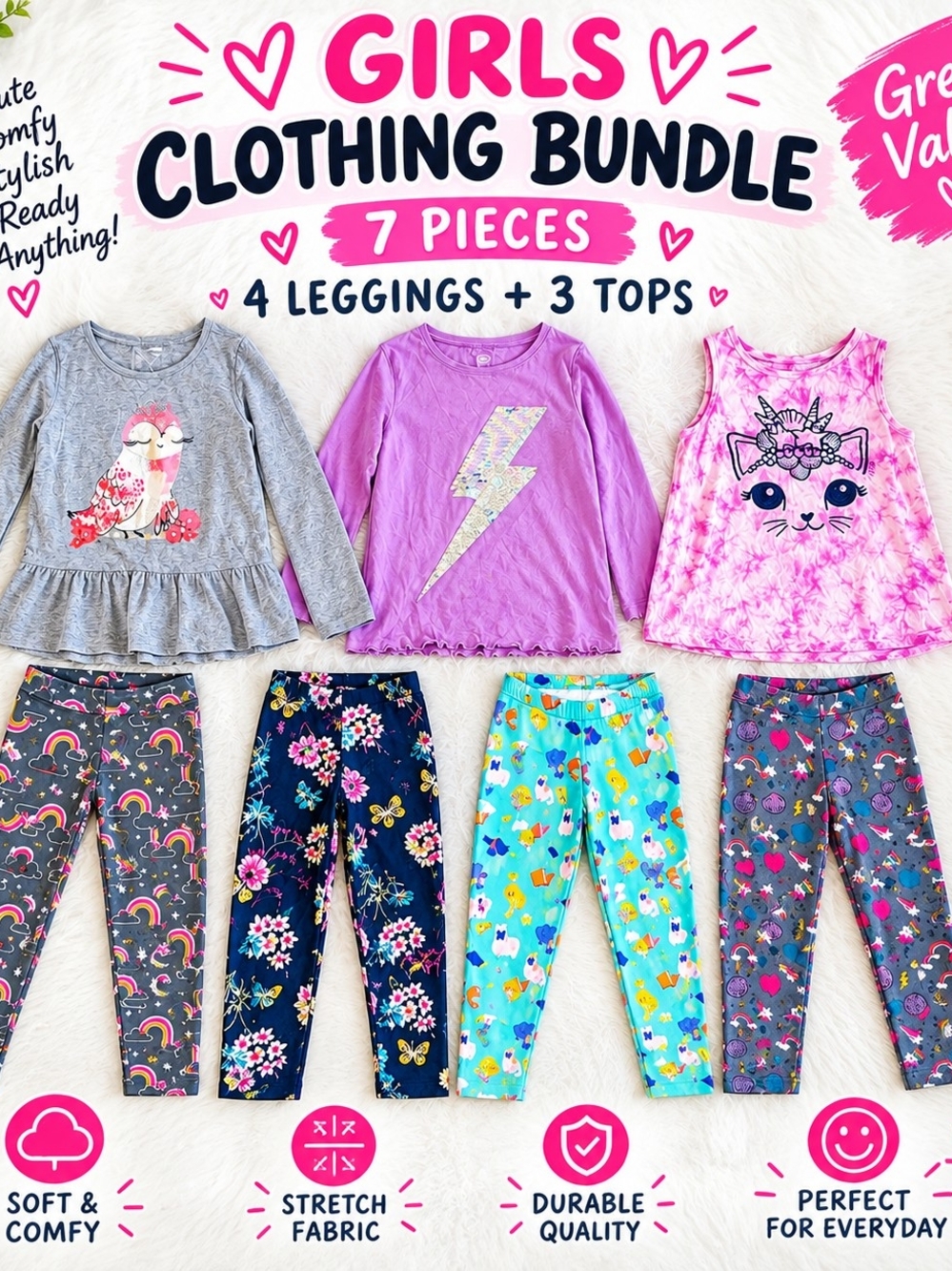 Girls Clothing Bundle 7 Pc Cat & Jack Wonder Nation Leggings Tops XL 14/16